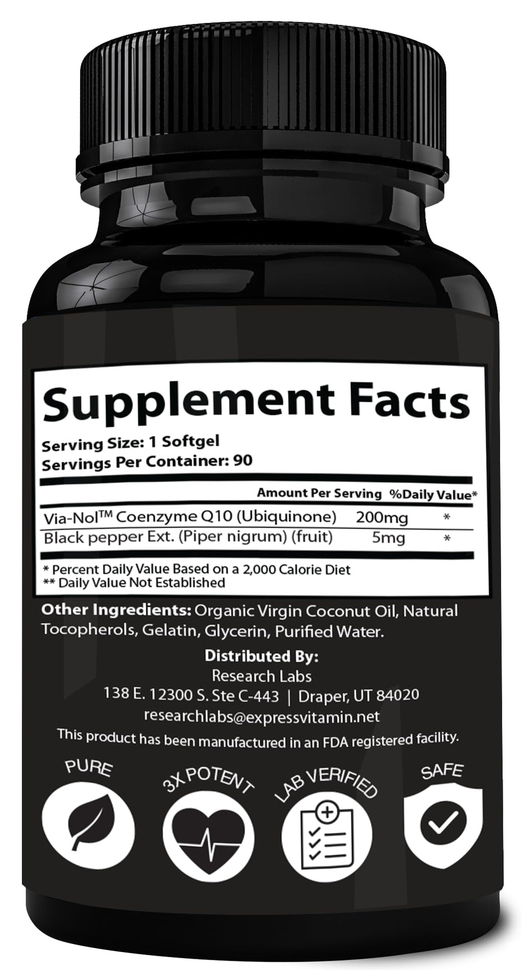 Research Labs 180 Softgels Advanced Absorption 200mg CoQ10 w/Black Pepper Extract. 2 for 1 Ad. Organic, Gluten Free, Heart Health Support, Energy Production, Antioxidant Supplement