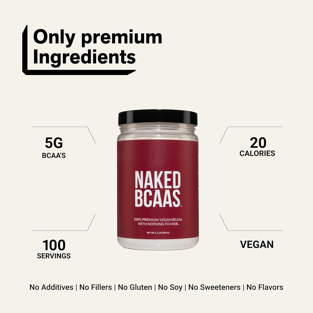 NAKED BCAAs Amino Acids Powder, Only 1 Ingredient, Pure 2:1:1 Formula, Vegan Unflavored Branched Chain Amino Acids, Instantized All Natural BCAA Supplement - 500 Grams, 100 Servings