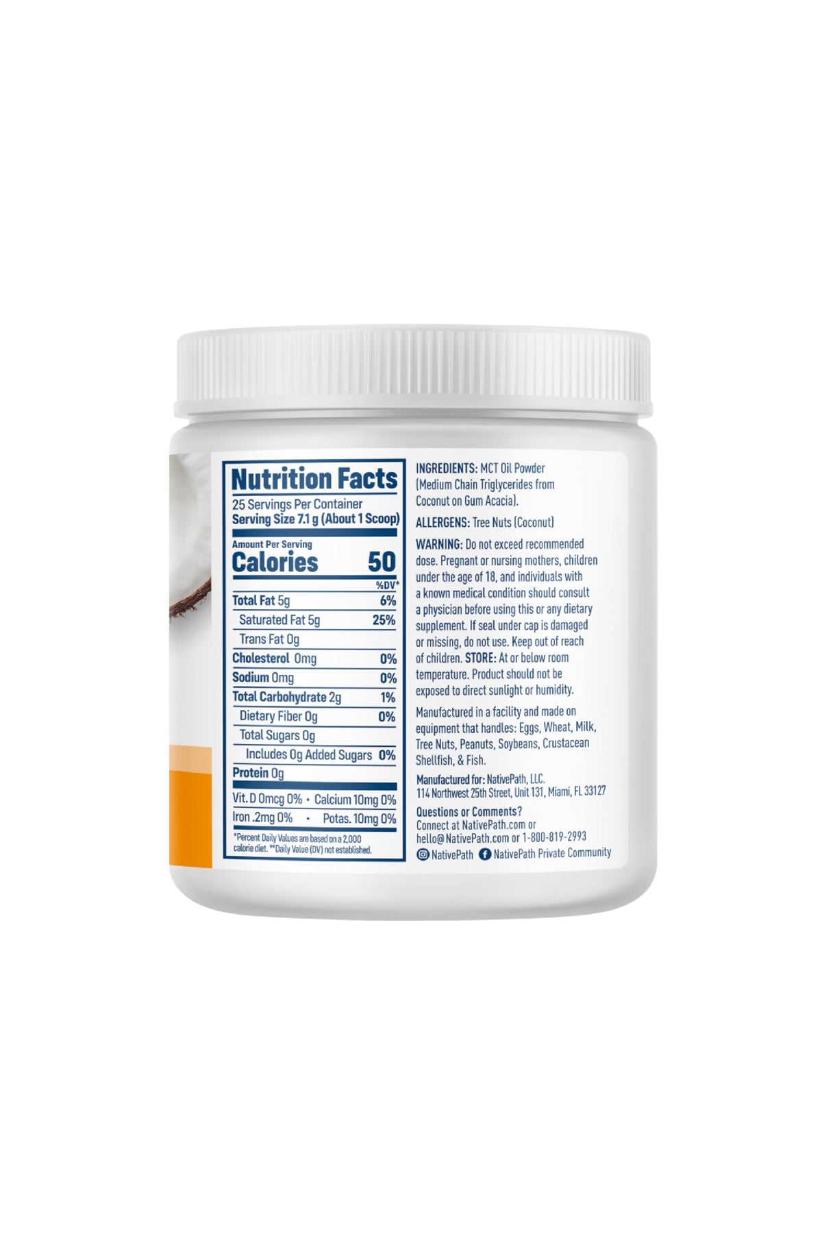 NativePath MCT Oil Powder, Keto C8 & C10, Unflavored, 25 Servings | From Coconut, Supports Clean Energy & Ketones, Coffee & Smoothies, Dairy-Free, Prebiotic Acacia Fiber