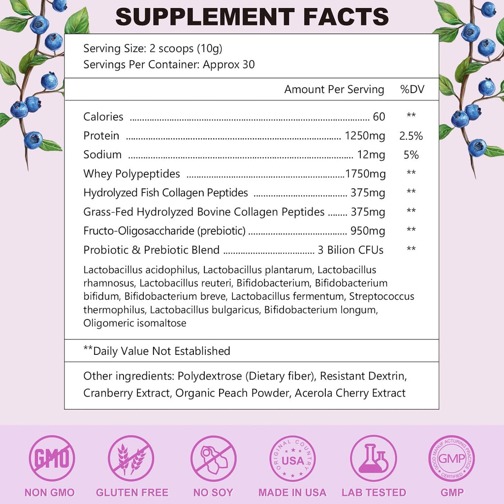OMOGS Hydrolyzed Collagen Peptide Powder with Prebiotics, Vitamin C & Cranberry Extract，Support Hair, Skin, Nails, Bones, Digestive & Urinary Tract Health, Easy Dissolve, Non-GMO, for Women & Men.