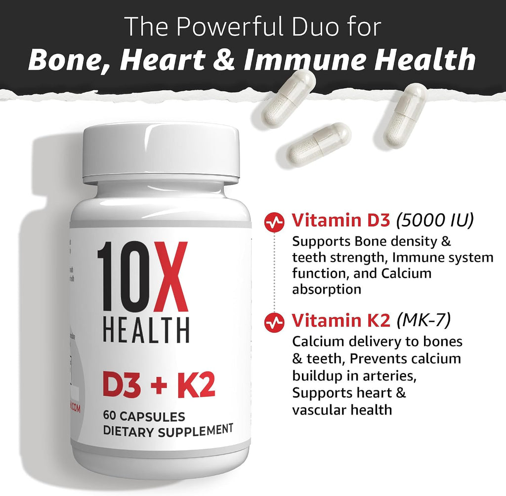 10X Health Vitamin D3 K2-60 Capsules | Vitamin K2 Mk7: 5000 IU Vitamin D3, Bone, Heart & Teeth Support, 60 Capsules