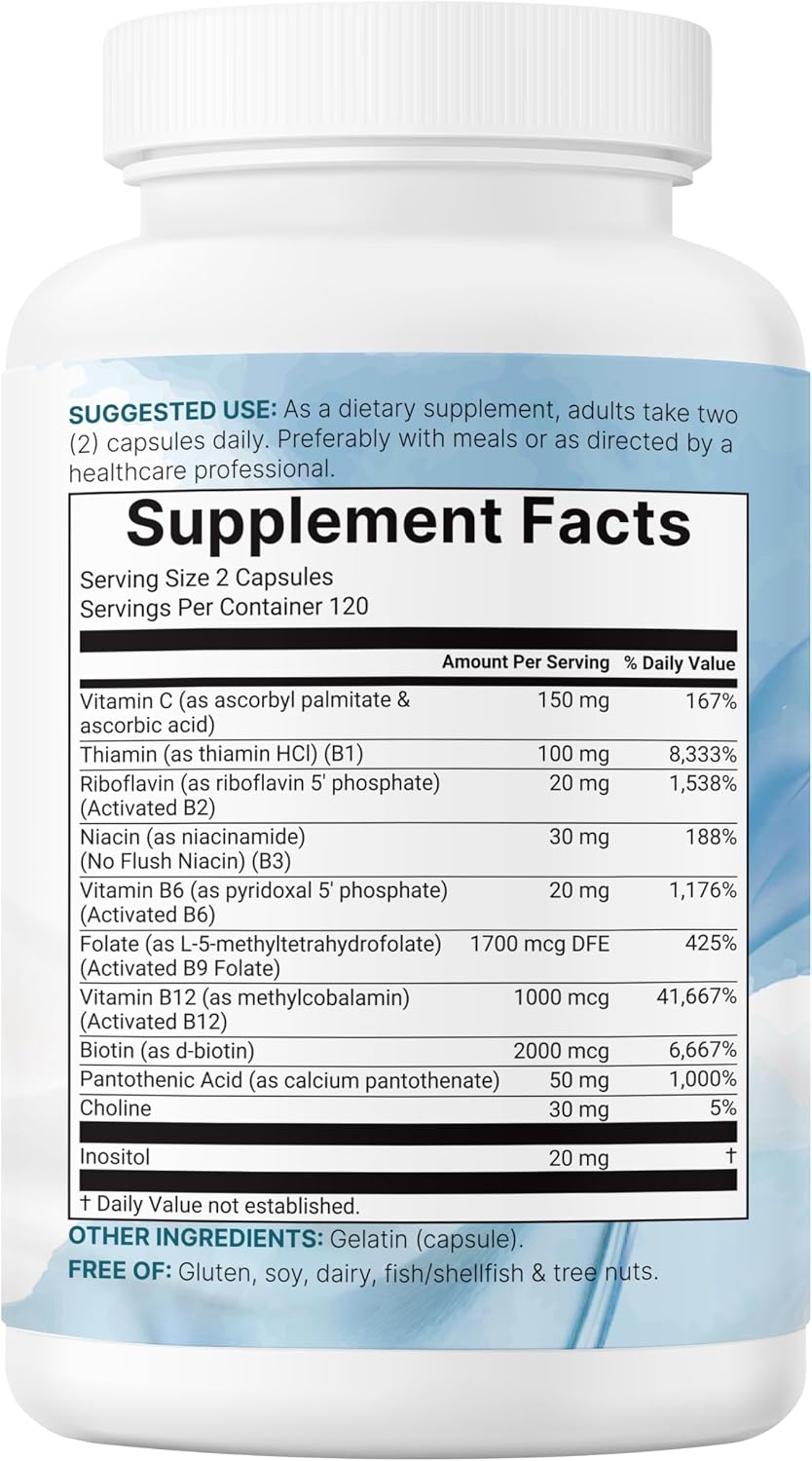 Micro Ingredients Pure Methylated B Complex Vitamins, 240 Capsules | 11-in-1 with Methylfolate, Methylcobalamin B12 & P5P + Fat-Soluble Vitamin C, Choline & Inositol. Filler Free, Non-GMO.