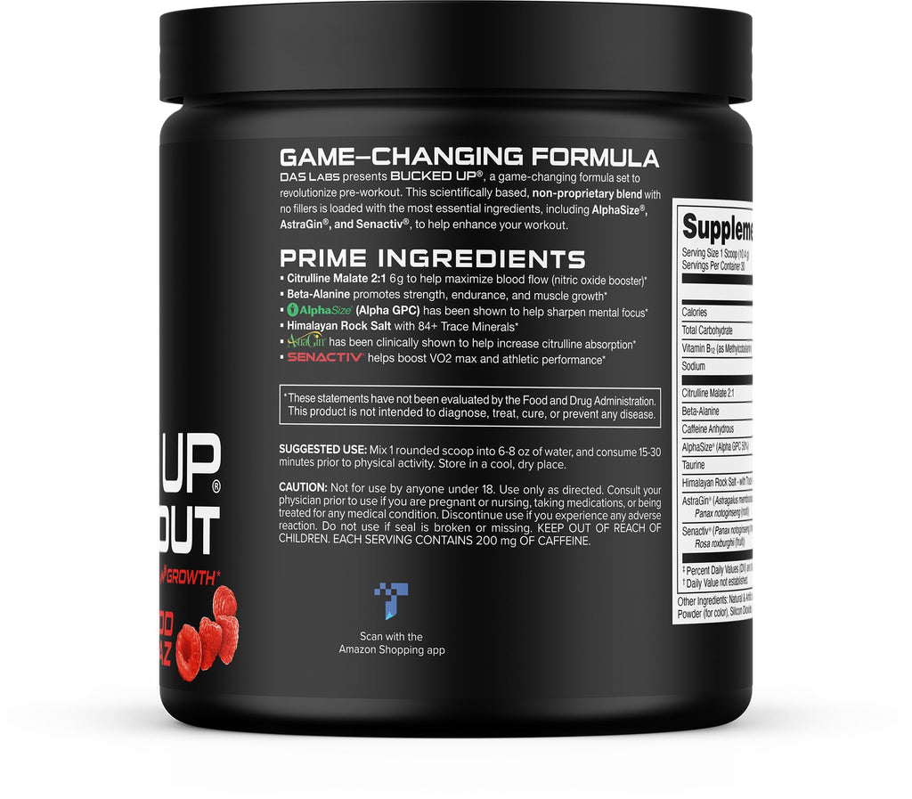 Bucked Up Pre Workout - Best Tasting - 6 Grams Citrulline, 2 Grams Beta Alanine Non Proprietary Blend, Powder (Strawberry Kiwi)