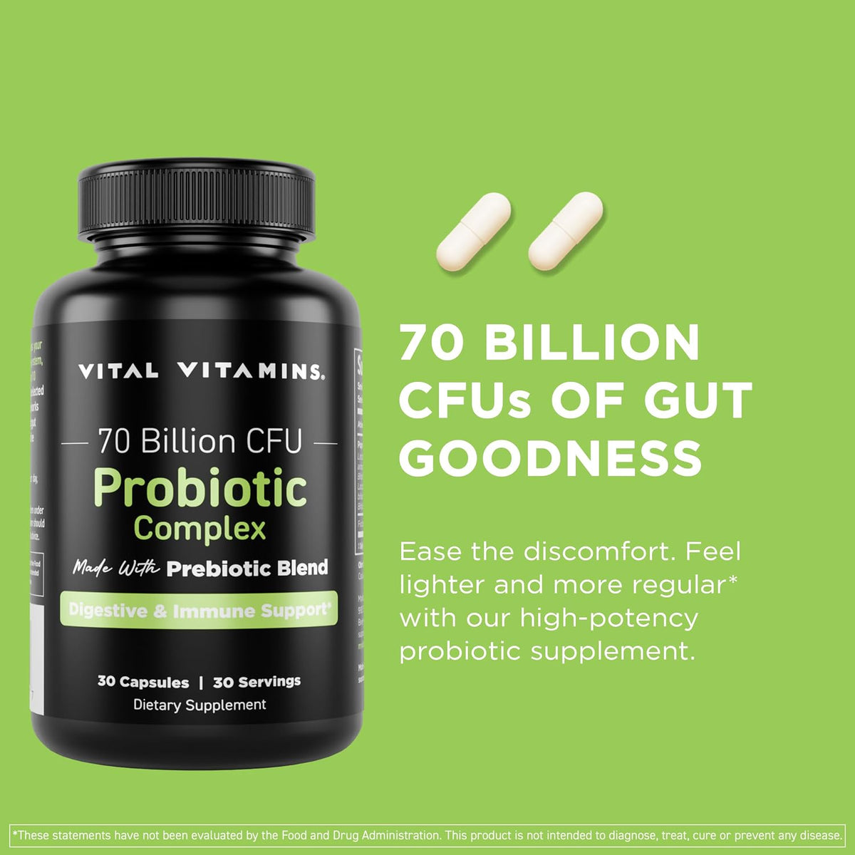 Vital Vitamins Probiotic Complex, 70 Billion CFU for Men & Women | 10-Probiotic Strain Blend with Prebiotic FOS, Supports Digestion & Immunity, Shelf-Stable, 30 Capsules