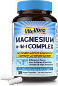 Vitalibre 6 in 1 Magnesium Complex for Women Men, 260mg Elemental Magnesium | Max Absorption | Chelated Magnesium Supplement for Bone, Relaxation & Nerves Support | Non-GMO, 120 Vegan Capsules