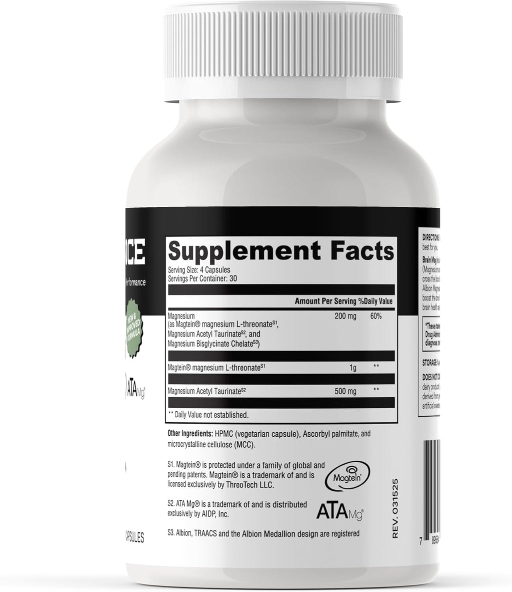 Magnesium L-Threonate + Mag Acetyl-Taurate (ATA Mag) + Mag Glycinate | Promotes Cognitive Well-Being, Enhanced Memory, Mental Clarity and Overall Brain Function | 120 Capsules
