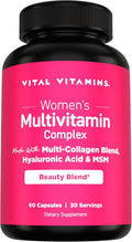 Vital Vitamins Women's Multivitamin Complex with Collagen & Hyaluronic Acid | 25 Vitamins and Minerals, Multi-Collagen Blend, Hyaluronic Acid & MSM for Hair, Skin & Nails, 60 Capsules