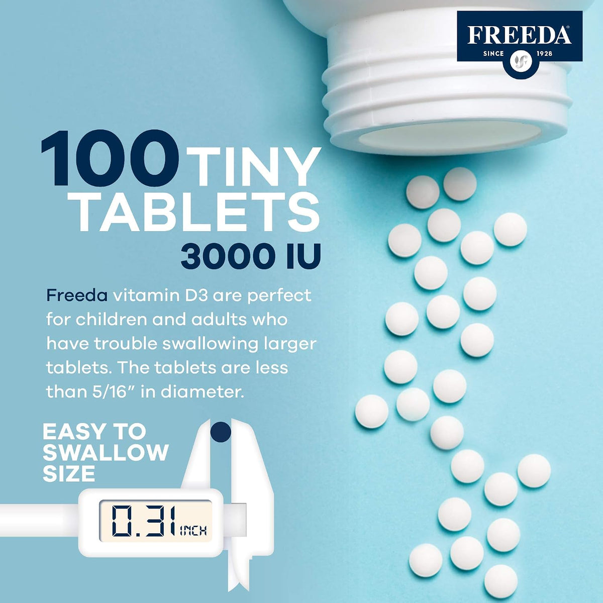 FREEDA Vitamin D3-3000 IU - Pure High Potency Kosher Supplement Tablets - Bone and Muscle Health, Calcium Absorption, Immune Support for Men and Women* - 100 Tiny Tablets | Supports Bone, Muscle & Immune Health – Helps Calcium Absorption – Easy-to-Swallow