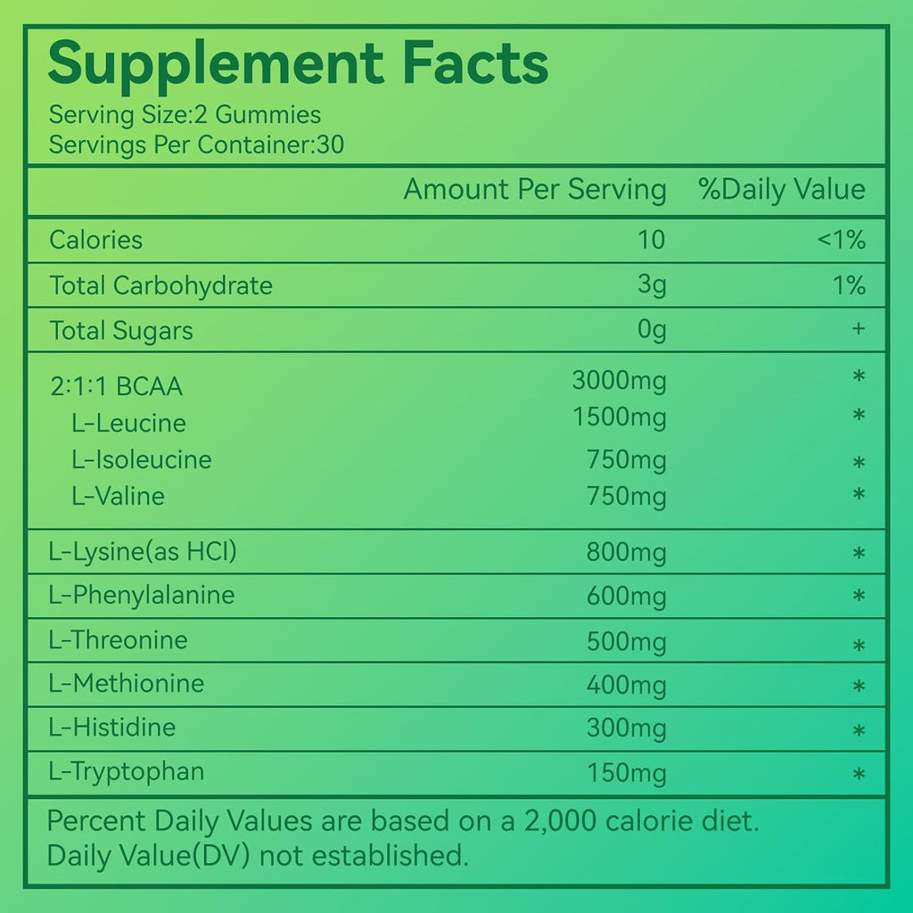 EAA Gummies, Essential Amino Acids, Apple Flavor, 60 Vegan Gummies | All 9 Essential Aminos (EAA) and All Branched-Chain Aminos (BCAAs) for Muscle Recovery, Energy Support, Non-GMO, Gluten Free