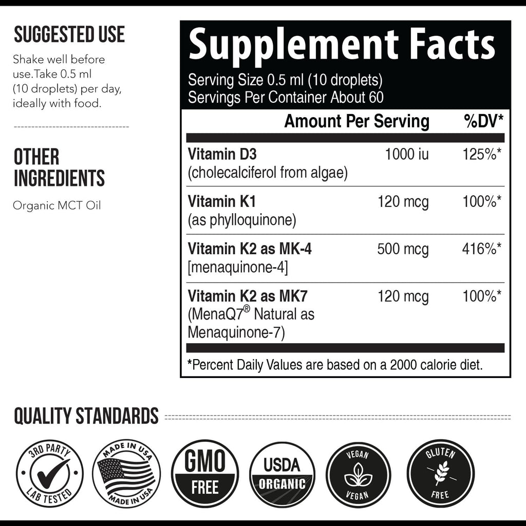 Total K2® | Vitamin K2 as MK7 & MK4 | Plus K1 & Vitamin D3 Cofactor - 620 mcg K2 per Serving - All-Trans MK7 from MenaQ7® - Full-Spectrum Vitamin K - Vegan, Organic Certified (60 Capsules)