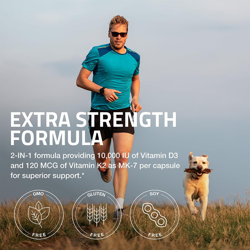 Bronson Vitamin K2 D3 (MK7) Extra Strength D3 & K2 Complex, 120 Capsules | Bone, Immune & Heart Health Support, Gluten Free, Soy Free, Non-GMO, Vitamin D3 10,000IU (250 mcg) & 120 mcg K2 MK-7