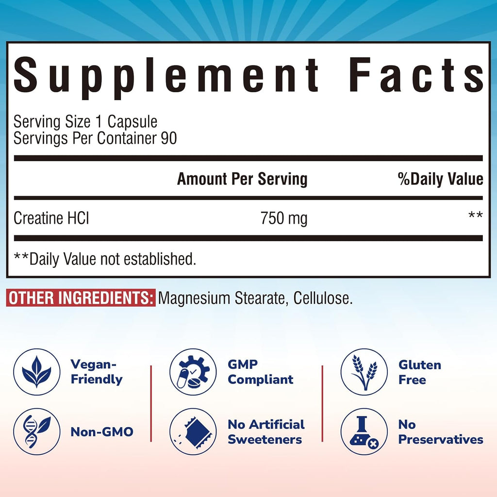 Vitalibre Creatine HCl Capsule, 750mg High Absorption Creatine Hydrochloride, Endurance, Strength, Fast Absorbing, No Load, No Bloat, Monohydrate Micronized Alternative, Once Daily, 90 Capsules