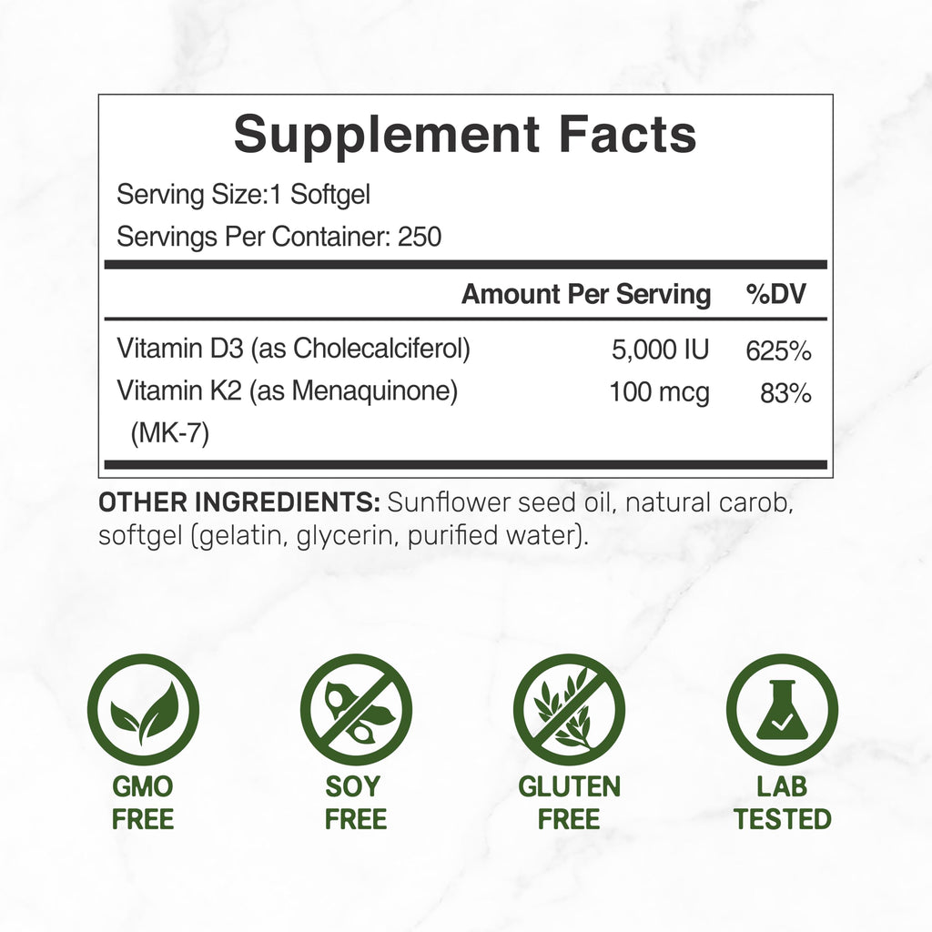 DEAL SUPPLEMENT Vitamin D3 5,000 IU + K2 MK7 Softgels, 250 Count | 2-in-1 Complex | Easy to Swallow