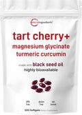 Tart Cherry+ with Magnesium Glycinate & 95% Turmeric Curcumin, 300 Softgels | Made with Black Seed Oil | Tart Cherry Extract Supplement | 3-in-1 Herbal & Mineral Complex | Non-GMO, Gluten Free
