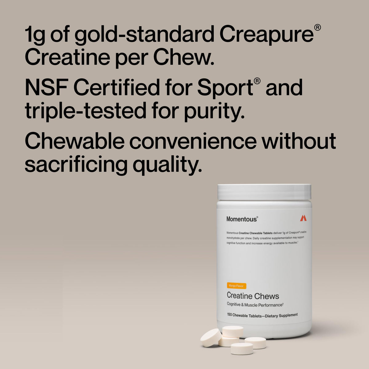 Momentous Creatine Chews - Creatine Monohydrate - Supports Strength, Lean Muscle, & Recovery for Men & Women - NSF Certified for Sport - 150 Chewable Tablets - Lemon Lime