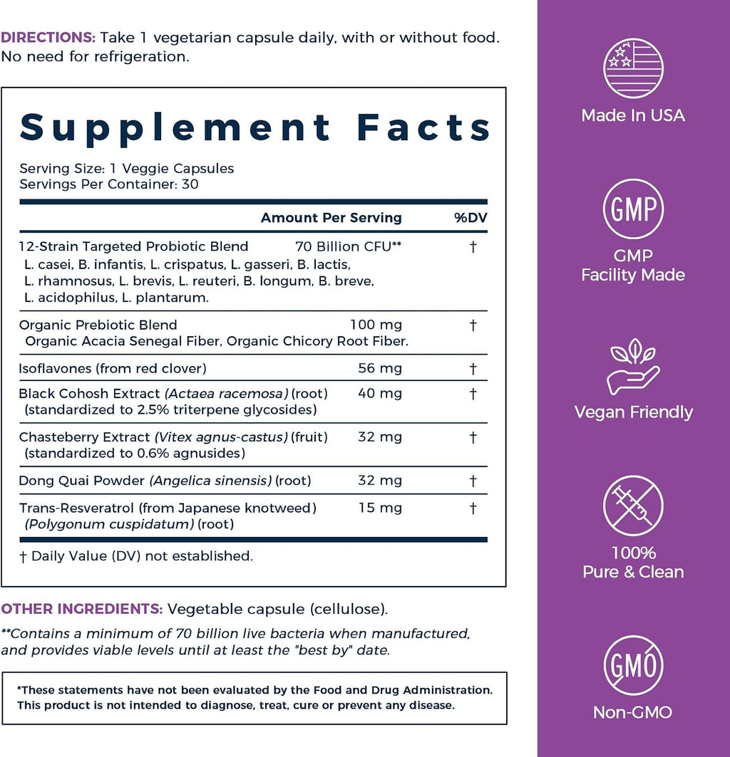 NewRhythm Menopause Probiotics for Women, 7-in-1 Relief, Prebiotics, Black Cohosh Trans-Resveratrol Chasteberry Red Clover Dong Quai, Hot Flashes Night Sweats, No Soy, No Estrogen, 30 Ct