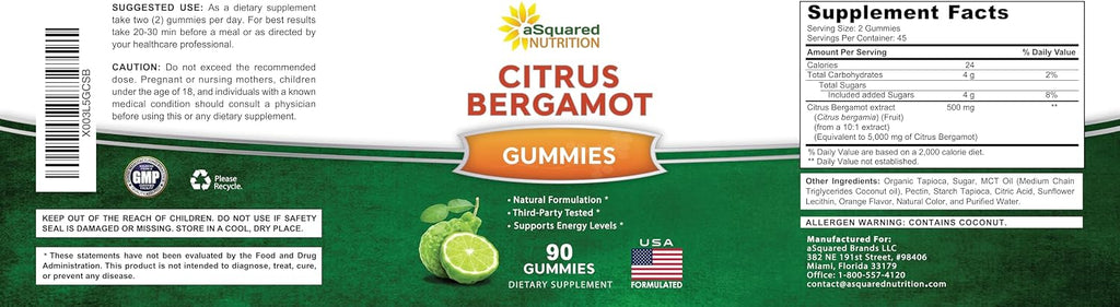 aSquared Nutrition Citrus Bergamot Gummies - Citrus Bergamot Extract Supplement 500mg Per Serving - Pure Gummy Alternative to Capsules & Pills