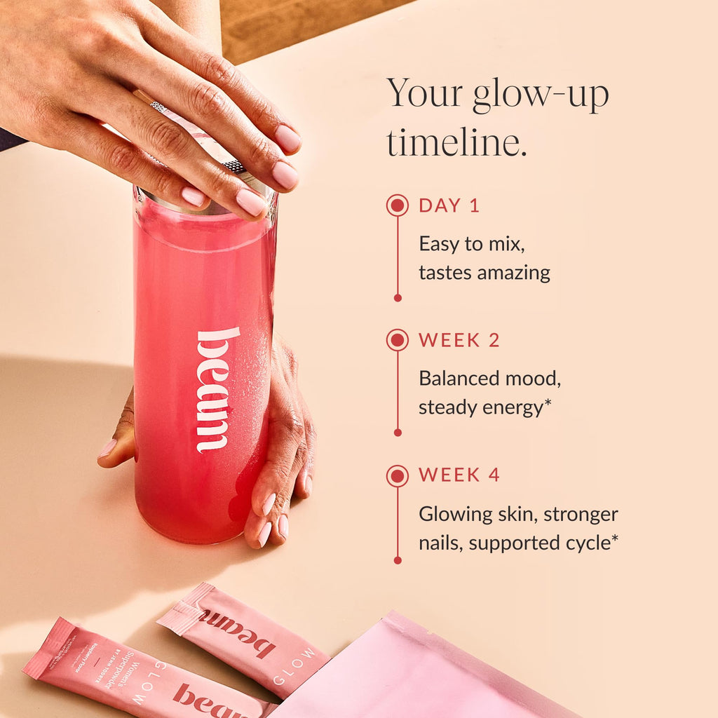 BEAM Glow Hormone Support & Cortisol Supplement for Women - Daily Vitamins for Women with Ashwagandha, Selenium, Zinc, Vitamin A, Biotin for Cycle Health, Mood & Energy, Strawberry Kiwi, 15 Servings