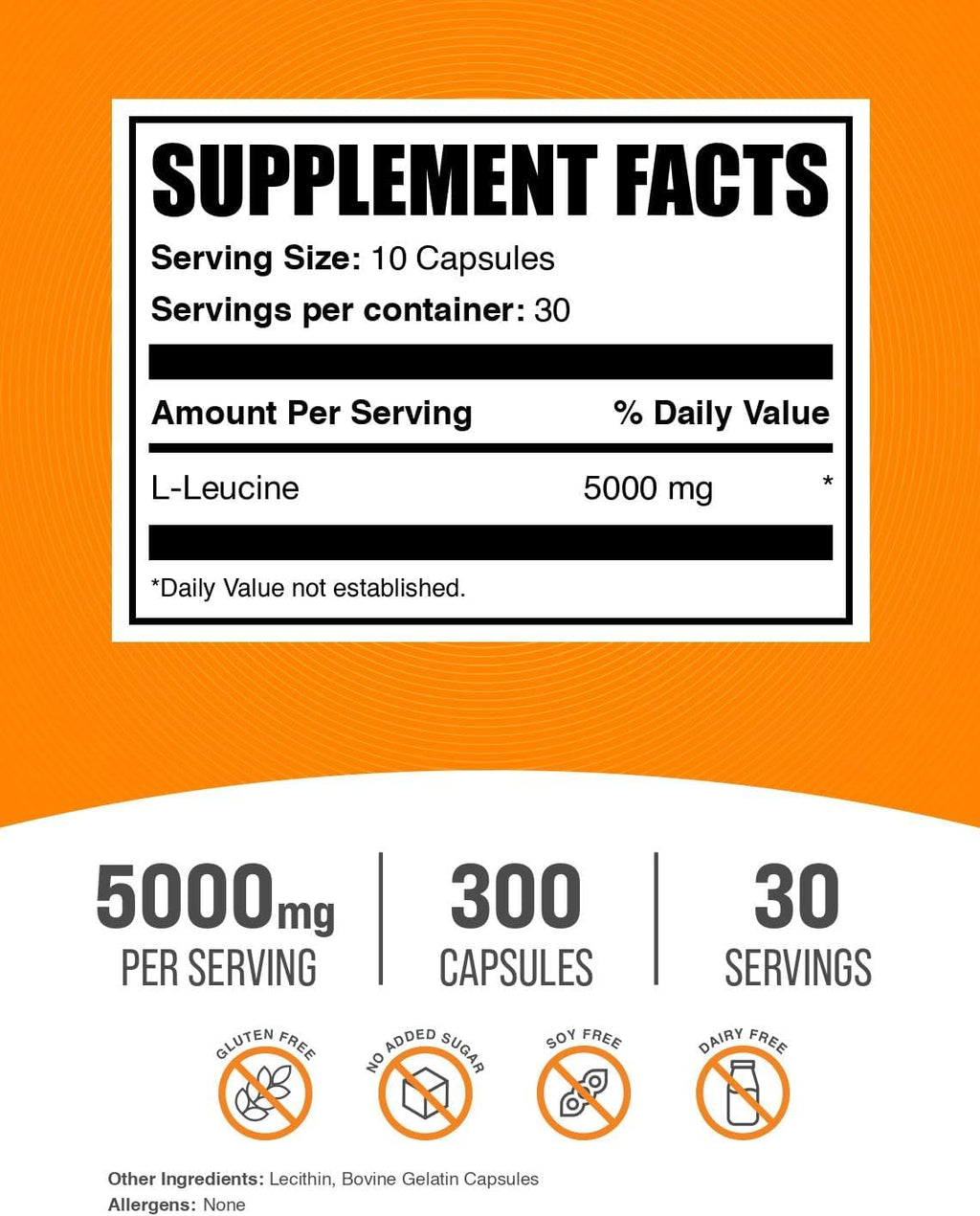 BulkSupplements.com L-Leucine Capsules - Leucine Supplements, Leucine Amino Acid, BCAA Supplements, Leucine 5000mg - Gluten Free, 10 Capsules per Serving - 30-Day Supply, 300 Capsules