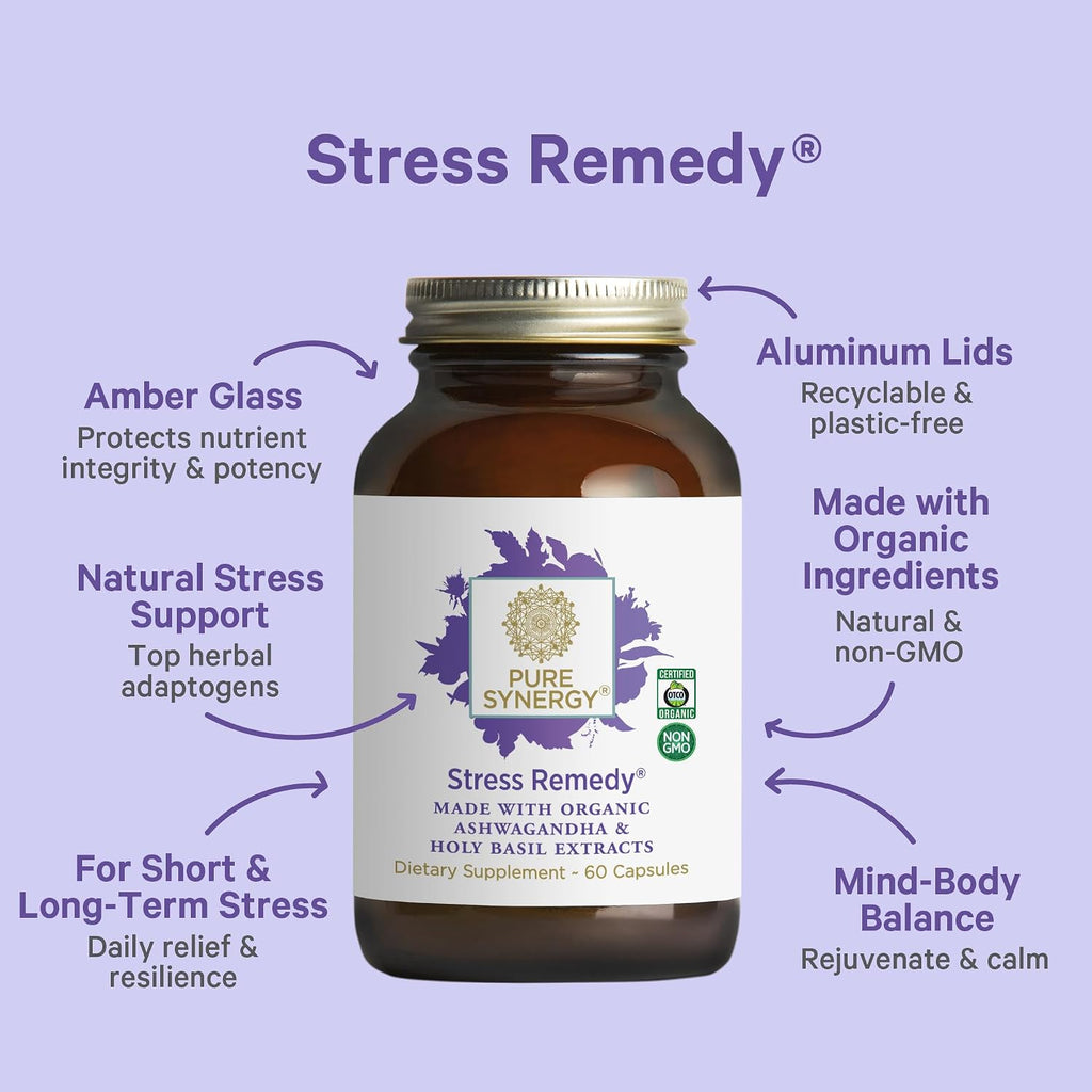 PURE SYNERGY Stress Remedy | Soothing Supplement with Ashwagandha | Organic Adaptogen Support from Lemon Balm and Holy Basil | for Stress Relief, Adrenal Health, and Mood (60 Capsules)