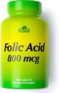 ALFA VITAMINS Folic Acid 800 mcg Prenatal Supplement, Supports Cardiovascular Health, Body & Brain Functions, Red Blood Cell Formation & Healthy Fetal Development, Dietary Supplement, 100 Tablets