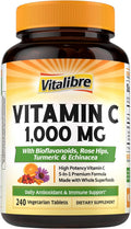 Vitalibre Vitamin C 1000mg, with Citrus Bioflavonoids, Rose Hips, Echinacea & Turmeric, Immune Support, Antioxidant Protection, Collagen Production, 240 Vegan Tabs