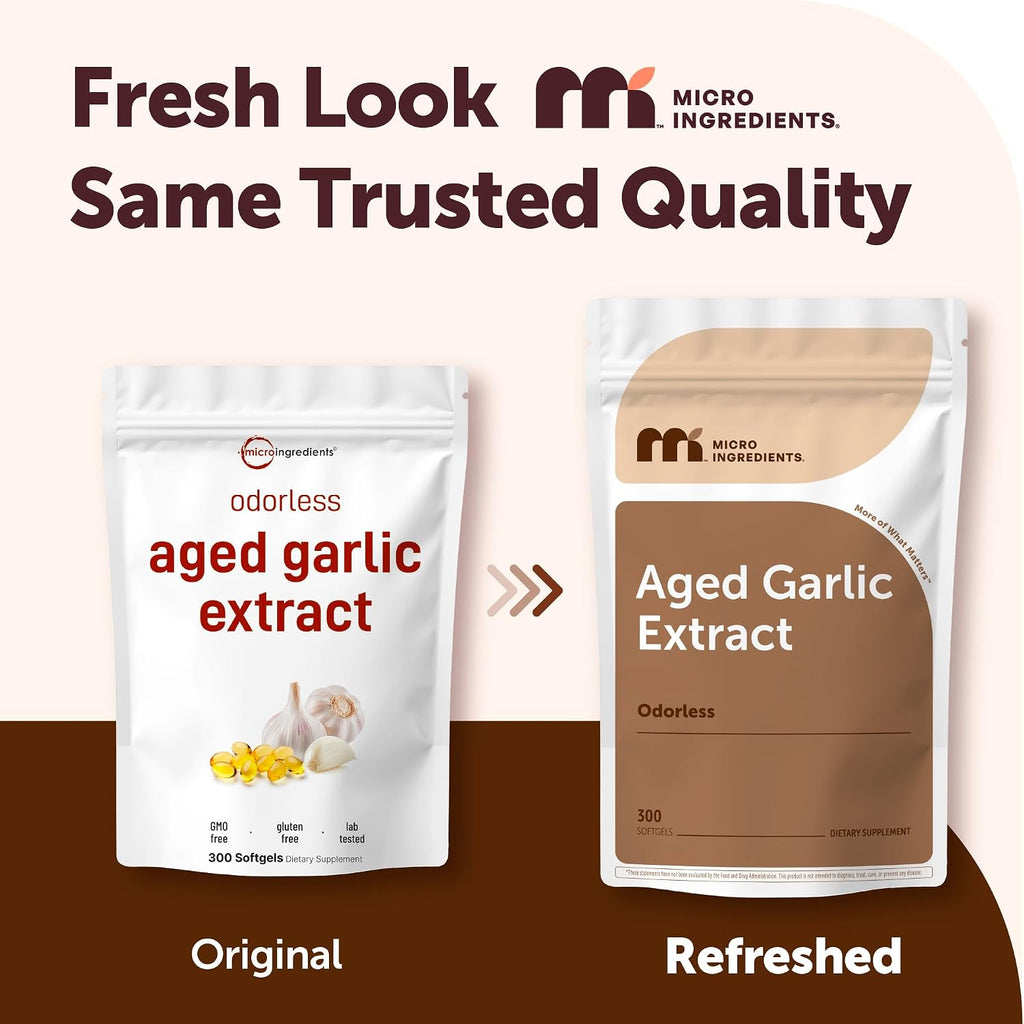 Micro Ingredients Odorless Garlic, 300 Softgels | 2 Years Aged Garlic Extract | Grown Allium Sativum Bulb | Natural Herbal Supplements | Non-GMO, Gluten Free