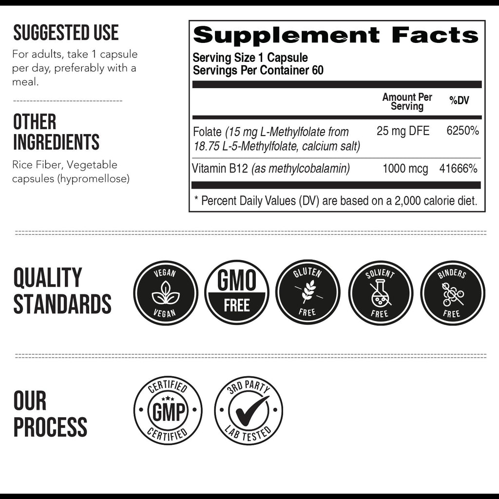 L Methyl Folate 15mg Plus Methyl B12 Cofactor – High Potency, Active 5-MTHF Form - Supports Mood, Methylation, Cognition – Bioactive Forms of Vitamin B9 & B12 (60 Capsules – 60 Servings)