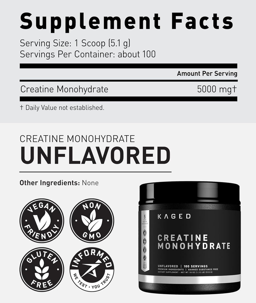Kaged Creatine Monohydrate Micronized Powder | Unflavored | Muscle Building & Recovery | 5000 mg Per Serving | Vegan, Gluten Free, Easily Digestible | Supplements for Men & Women | 100 Servings
