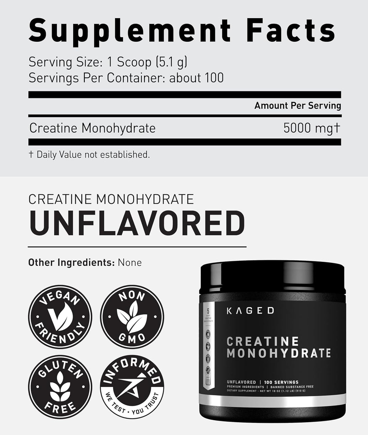Kaged Creatine Monohydrate Micronized Powder | Unflavored | Muscle Building & Recovery | 5000 mg Per Serving | Vegan, Gluten Free, Easily Digestible | Supplements for Men & Women | 100 Servings