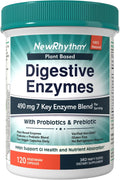 NewRhythm Digestive Enzymes 490 mg, with Probiotics & Prebiotic, Plant Based, 7 Key Enzymes, Digestion, Nutrient Absorption, Protease Amylase & Lipase, 120 Vegan Capsules