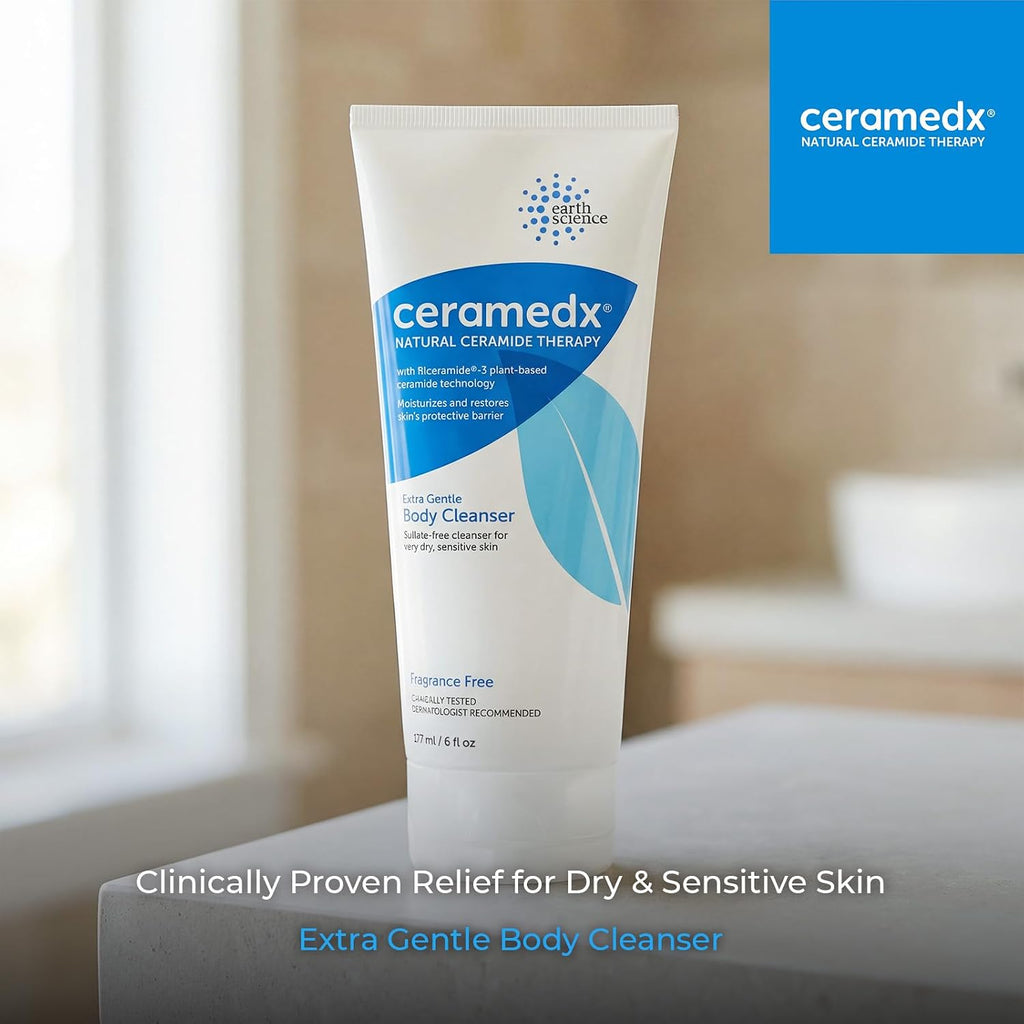 Ceramedx - Extra Gentle Body Cleanser | Natural Ceramide Cleanser for Dry, Sensitive Skin | Cruelty Free, Vegan & Fragrance Free | 6 fl oz | Plant-Based Riceramide-3, Hyaluronic Acid & Aloe | Soap-Free Wash for Very Dry, Sensitive Skin | Vegan, Sulfate Fr