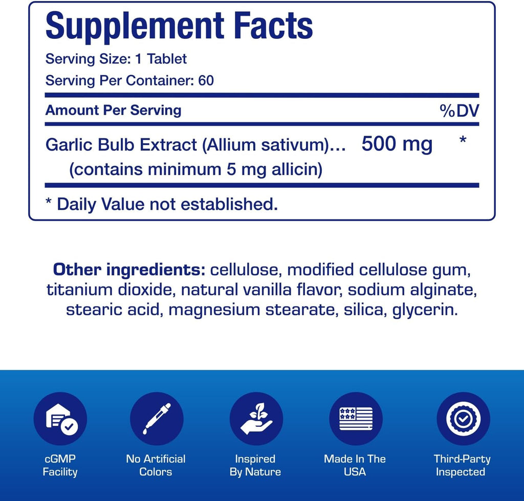 High Allicin Odorless Garlic Pills - Clinical Formula Allicin Supplement for Heart and Immune Support - Vegetarian Non-GMO & Made in The USA in cGMP Facilities - 60 Servings