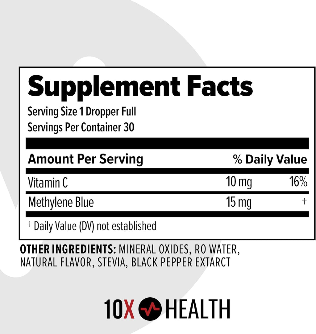 10X Health Methylene Blue Drops - 30ml Drops | Focus Support Supplement: With Black Pepper Extract, Energy Support, Vegan, Non-GMO, 30ml