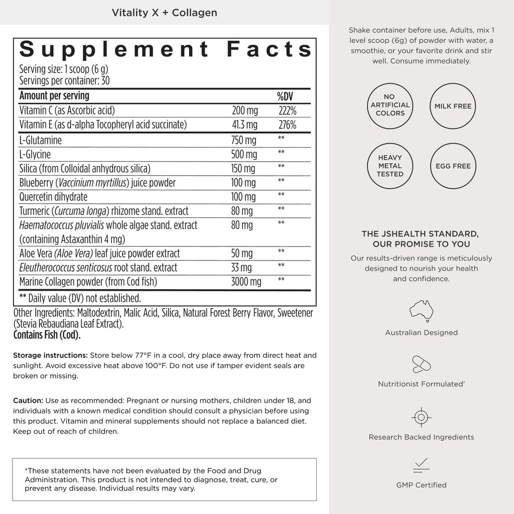 JSHealth Marine Collagen Powder for Women. 3g Hydrolyzed Collagen with Vitamin C, E, Astaxanthin. 10 Beauty Ingredients. Citrus Tropical Flavor (30 Servings)