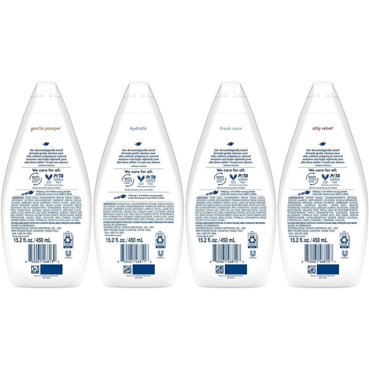 Dove Moisturizing Body Wash, Variety 6-Pack, 15.2 Oz Ea | Hydrate 2-Pack + Gentle Pamper, Fresh Care, and Silky Velvet | Moisturizing Shower Gel Liquid, Instantly Replenish Dry Skin