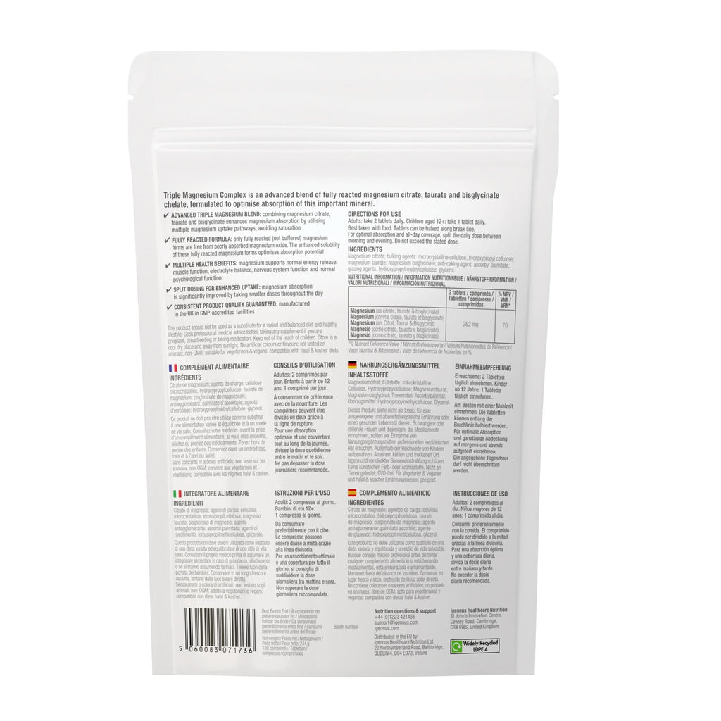 Igennus Superior Triple Magnesium Complex, Fully Reacted & Chelated Glycinate, Taurate & Citrate, Clean Label, High Bioavailability & Absorption, 60 Tablets, Vegan, Non-Buffered