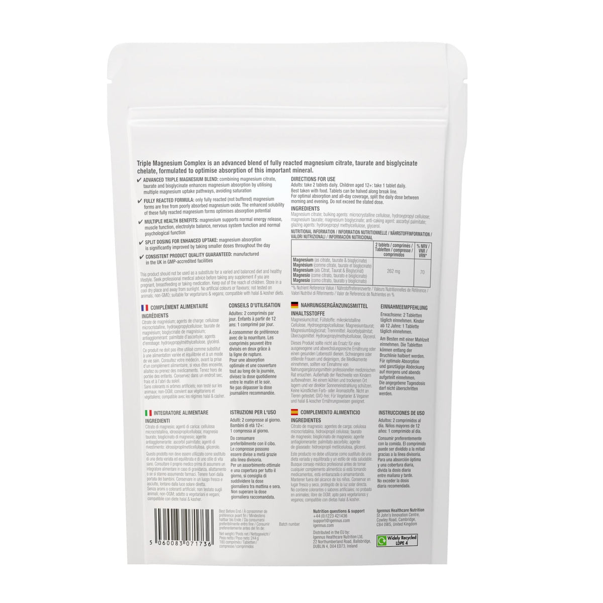 Igennus Superior Triple Magnesium Complex, Fully Reacted & Chelated Glycinate, Taurate & Citrate, Clean Label, High Bioavailability & Absorption, 60 Tablets, Vegan, Non-Buffered