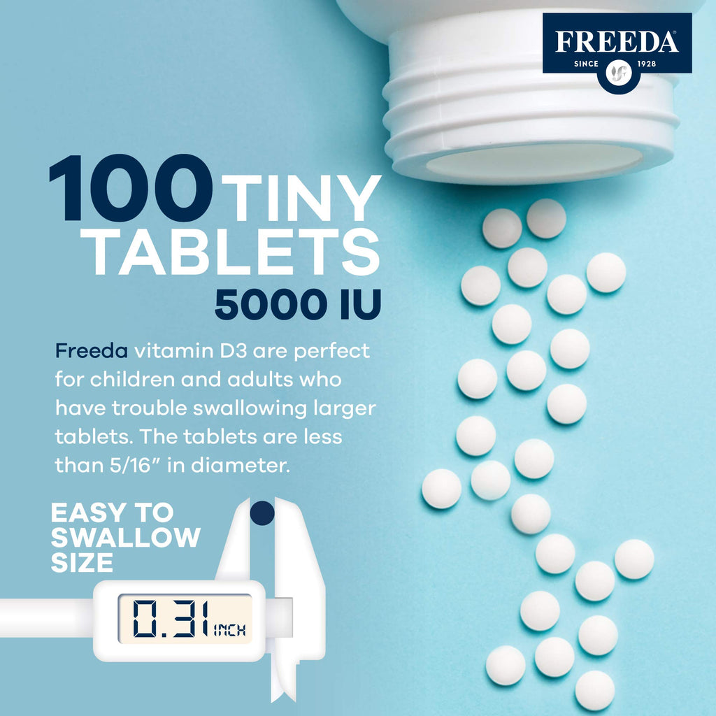 FREEDA Vitamin D3-5000 IU - Pure High Potency Kosher Supplement Tablets - Bone and Muscle Health, Calcium Absorption, Immune Support for Men and Women* - 250 Count | High Potency Vitamin D3 Supplement with 5000 IU Tablets - Support Bone Health, Muscle Fun