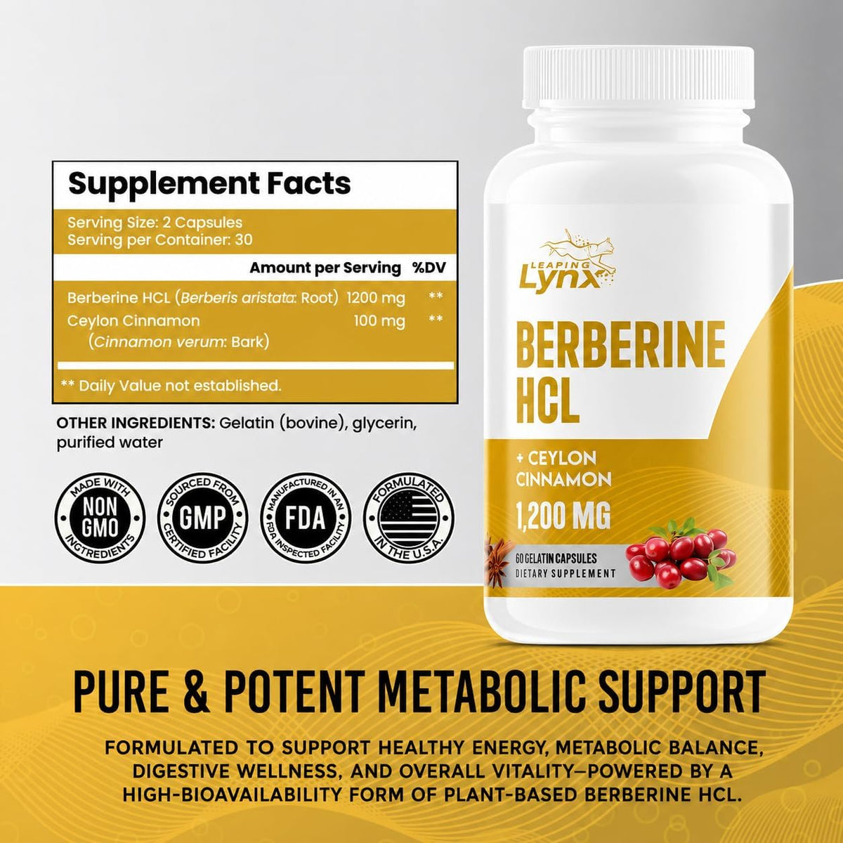 Berberine HCl 1200mg - 60 Capsules - High Absorption Berberine Supplement - 30-Day Supply