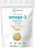 Micro Ingredients Extra Strength* Omega-3 Fish Oil Supplements 1,000mg Per Serving, 300 Softgels | Lemon Flavored | Burpless | EPA 180mg + DHA 120mg | Deep Sea Fish