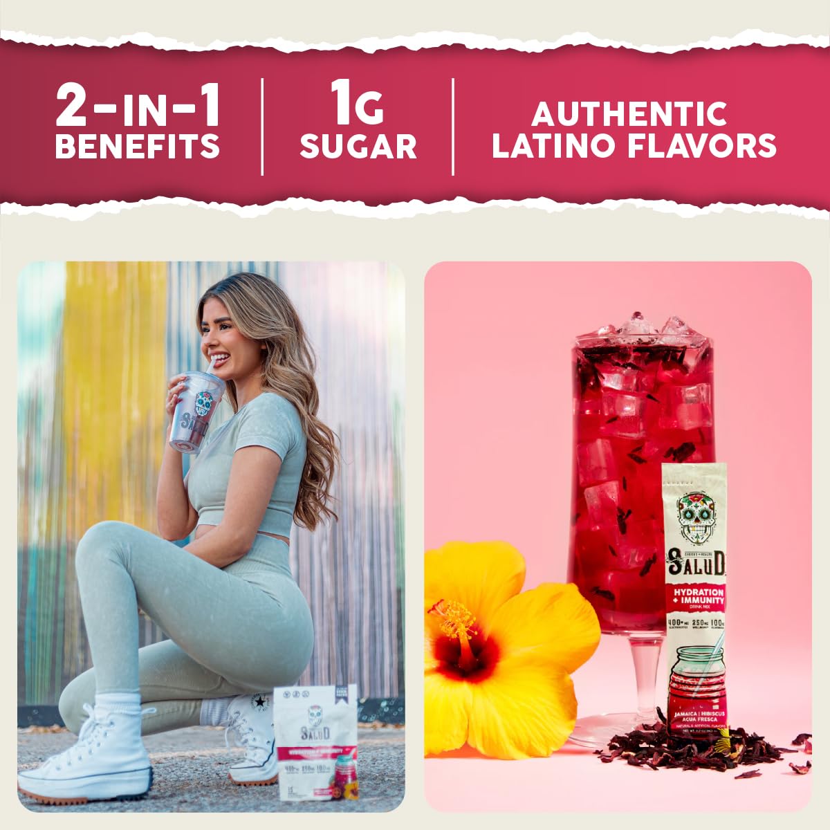 Salud 2-Pack | 2-in-1 Calm + Sleep (Punch) & Hydration + Immunity (Hibiscus) 15 Servings Each, Drink Mix, Dairy & Soy Free, Non-GMO, Gluten Free, Vegan, Low Calorie, 1g of Sugar