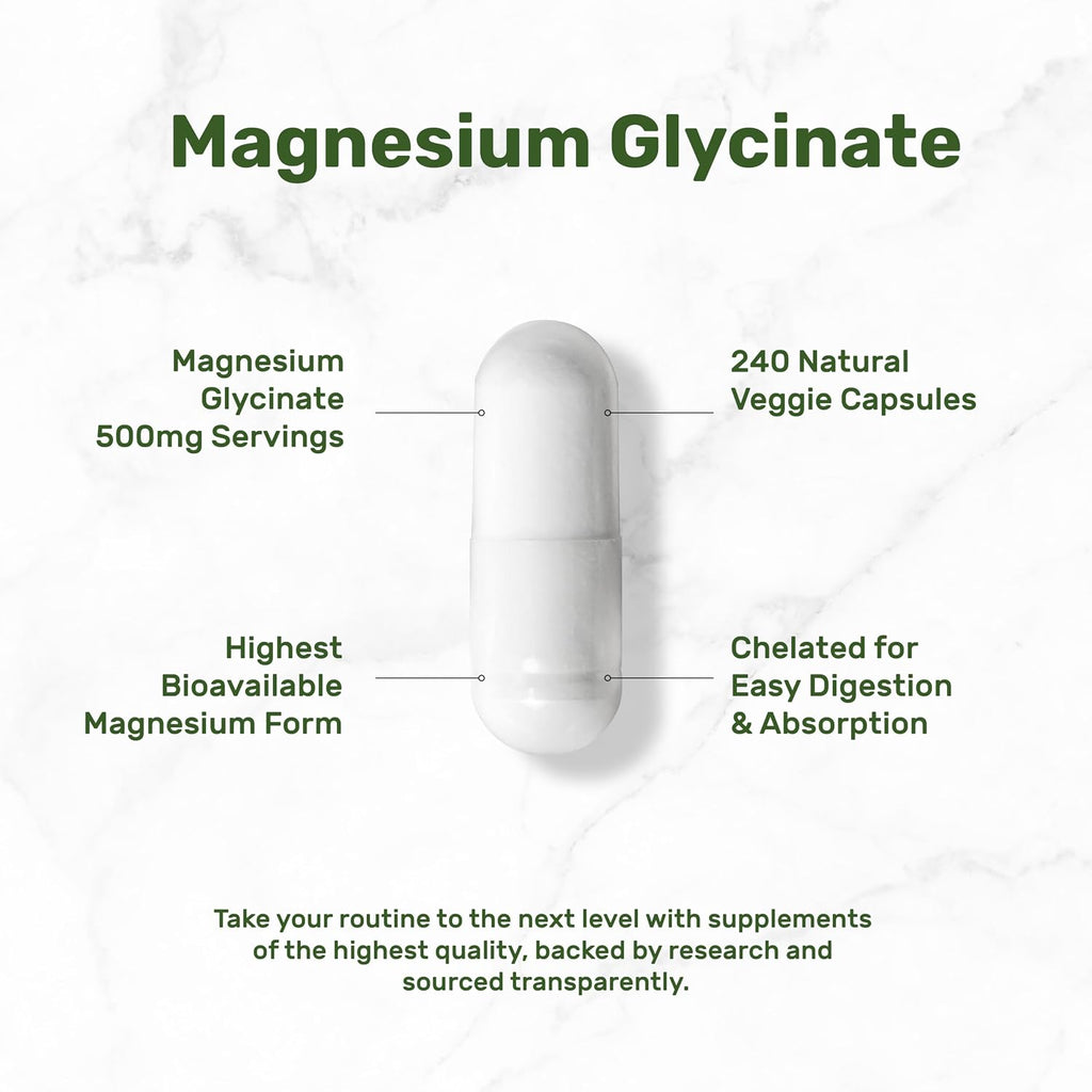 Deal Supplement Magnesium Glycinate 500mg Per Serving, 240 Veggie Capsules | 100% Chelated Magnesium Glycinate, Essential Mineral Supplement for Women & Men. Non-GMO, Gluten Free.
