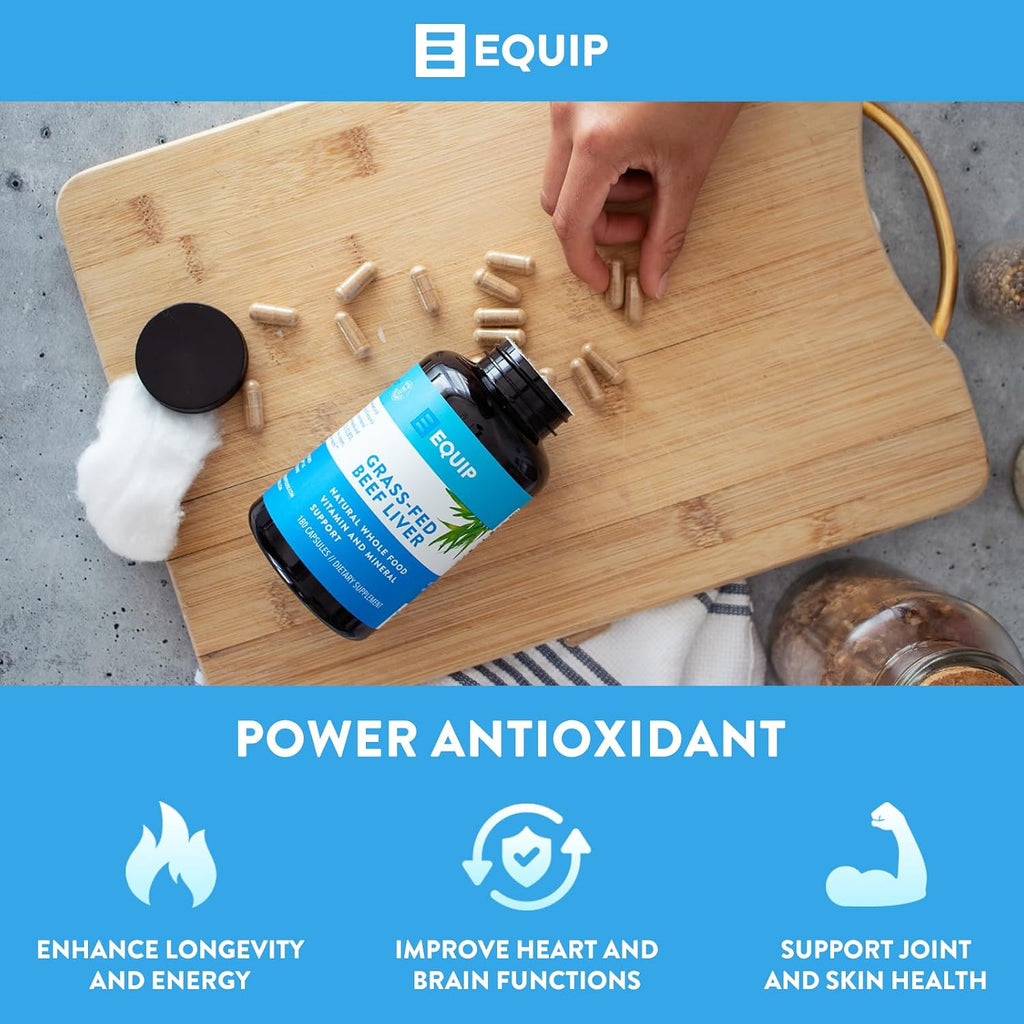 Equip Foods Grass-Fed Beef Liver | Natural Desiccated Beef Liver Supplement | Support Heart Health, Brain Function, Digestion, Metabolism, Immunity, Detoxification | 180 Capsules, 30 Servings