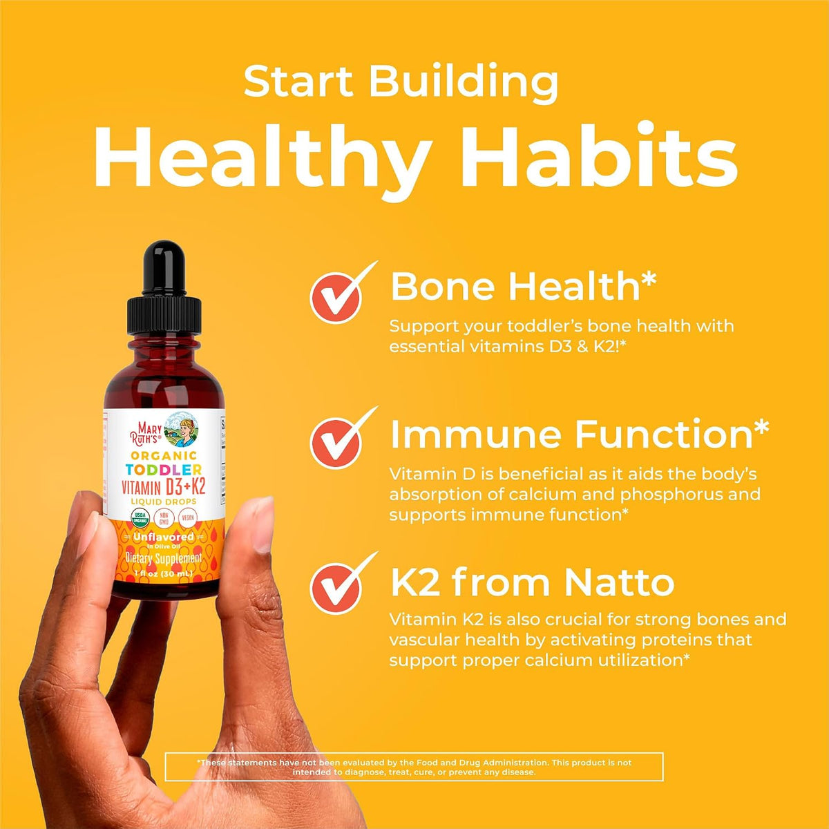 MARYRUTH'S Organics Vitamin D3 | Vitamin K2 | Vitamin D3 K2 Drops | K2 D3 Vitamin Liquid Supplement for Toddlers | Kids Supplement for Calcium Absorption Strong Bones | Vegan | Gluten Free | 1 Fl Oz