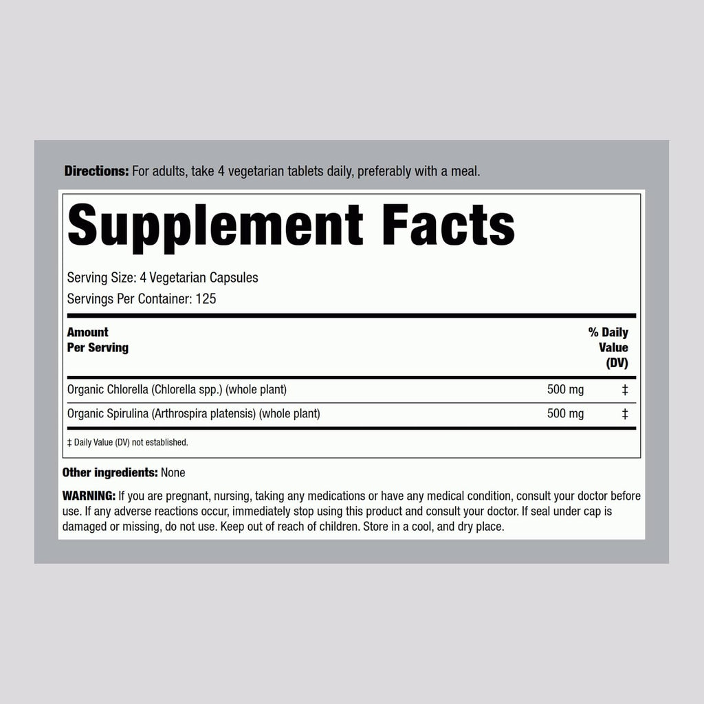 Piping Rock Chlorella Spirulina Organic | 500 Tablets | Vegetarian, Non-GMO and Gluten Free Supplement