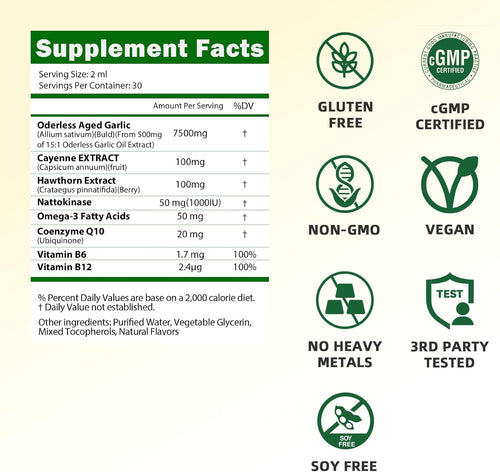 Aged Garlic Extract Liquid Drops, Odorless Garlic Supplement with CoQ10 Cayenne Hawthorn Berry Nattokinase Omega-3 Vitamin B6 & B12 for Heart Immune Health Support, Grown Allium Sativum Bulb