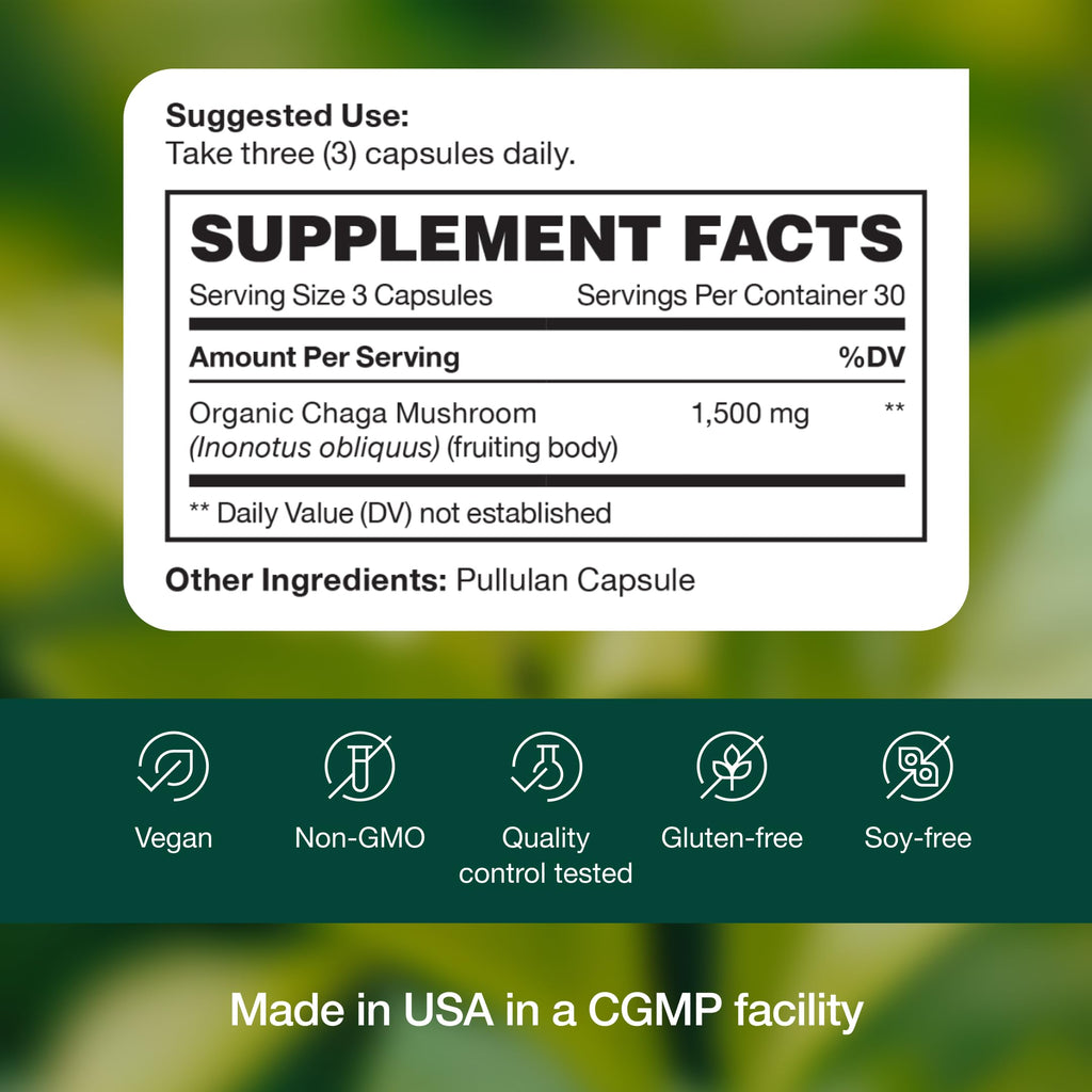 Fresh Nutrition Organic Chaga Mushrooms – Strongest DNA Verified 1500mg Per Serving – High in Fiber – Non GMO, Gluten & Soy Free, Vegan Friendly