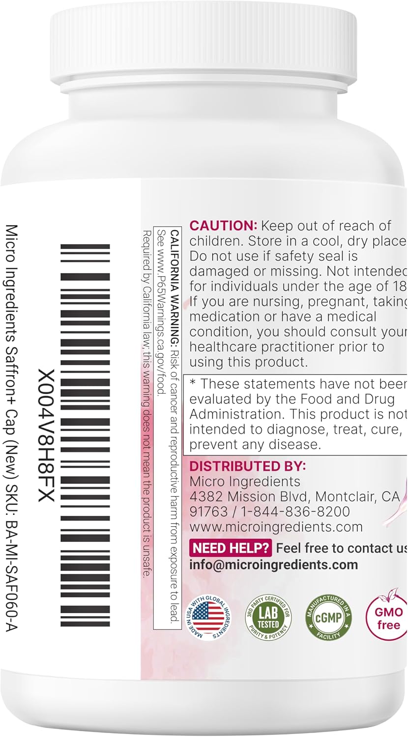 Micro Ingredients Saffron+ Advanced Supplements, 60 Vegetarian Capsules | 10-in-1 with Saffron Extract, Magnesium Glycinate, Turmeric Curcumin, KSM-66 Ashwagandha & Vitamin C. Filler-Free, Non-GMO.