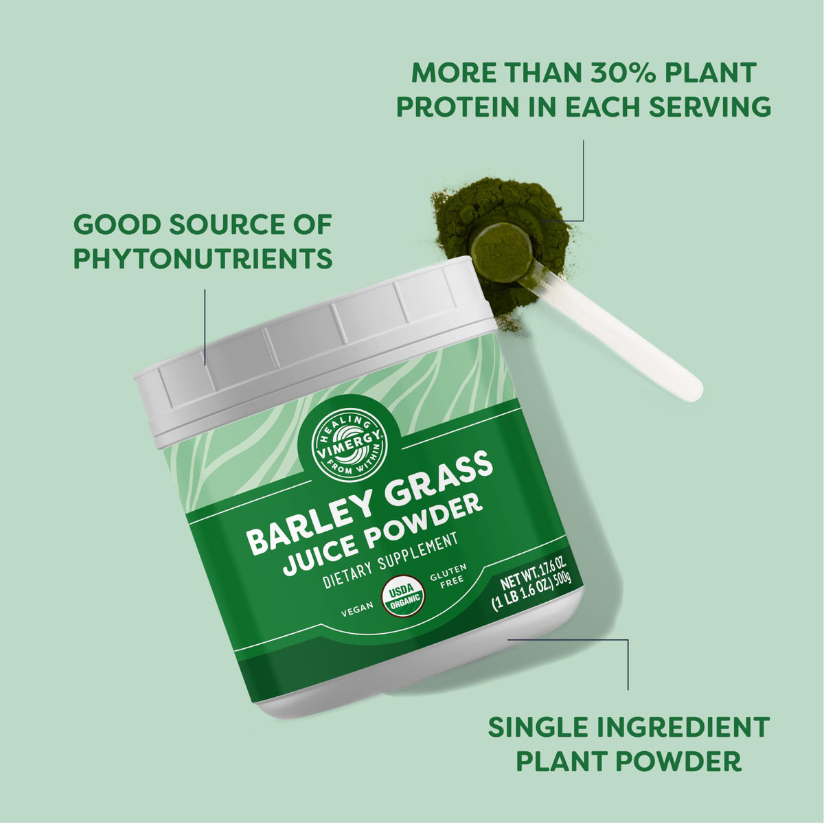 Vimergy Barley Grass Juice Powder Dietary Supplement - 4g per Serving (62 Servings) – Clean Superfood – Promotes Cardiovascular Health* – Organic, Vegan & Gluten-Free – Regular Size 250g